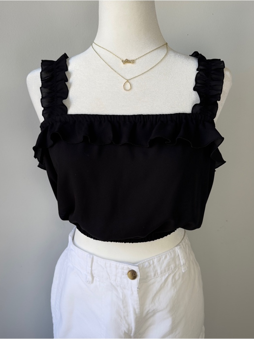 Aritzia Sunday Best Black Ruffle Strap Crop Top Small Chiffon Smocked